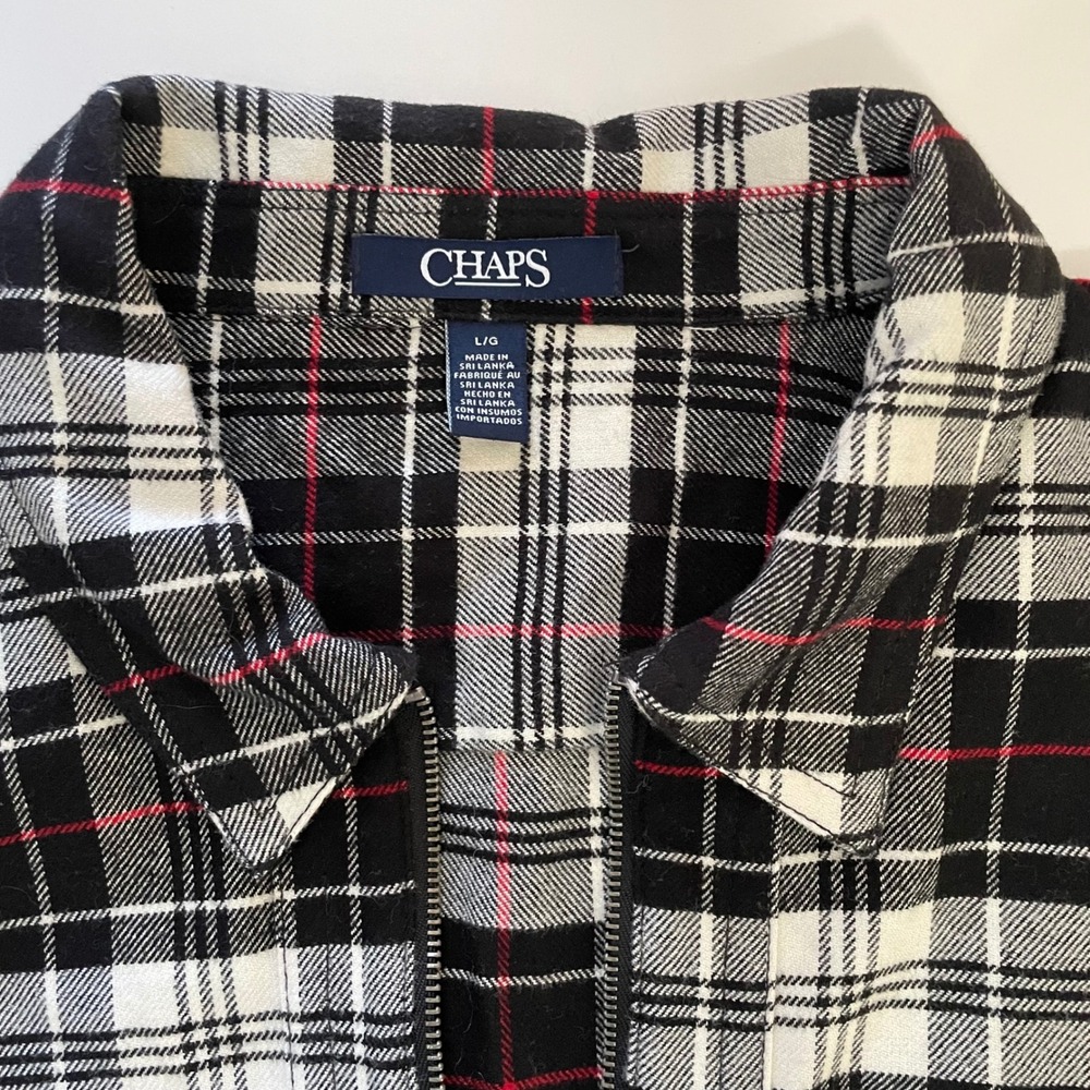 Chaps Womens Large Black White Plaid Quarter Zip Flannel Shirt Pullover L‎
